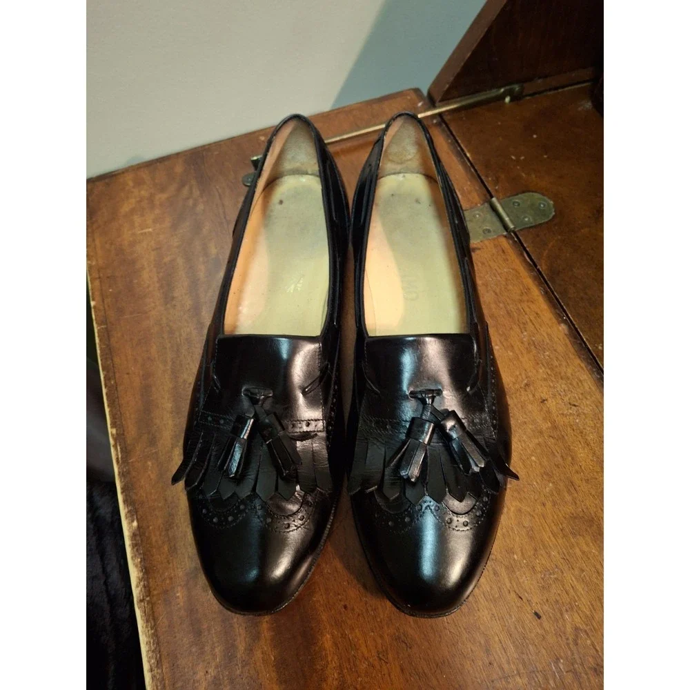 Salvatore Ferragamo Leather Wing Tips 10 D Black Slipon Made In Italy